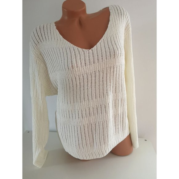 Long Sleeve V-Neck Open Knit Pullover Sweater off-white - Picture 7 of 12